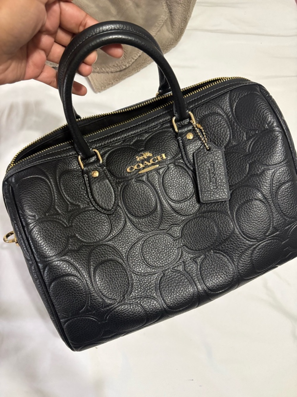 Coach Black Embossed Signature Leather Satchel with Gold HardwareLarge Rowan